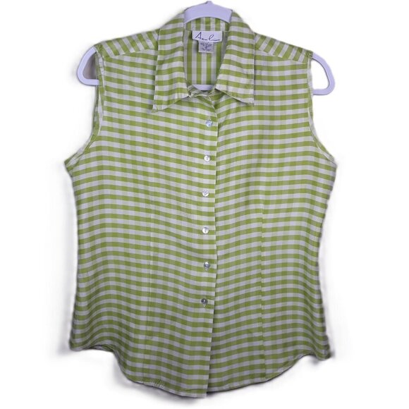 Lot-Anne Carson Silk Blue Plaid Cropped Wrap Top & Green Plaid Top M Sleeveless - Picture 10 of 13